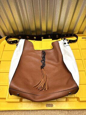 Brown White Two-Tone Hobo Shoulder Bag Tassel Chain Used